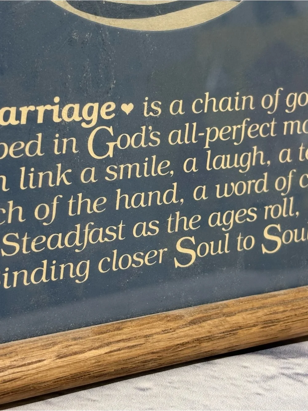 Vintage wooden framed illustrated swan “Marriage Is A Gold Chain” wall decor